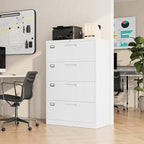 File Cabinet 4 Drawer, Lateral Filing Cabinet with Lock, Metal File Cabinets for Home Office, Office Cabinet for Hanging Files Letter/Legal/F4/A4, Assembly Required, White