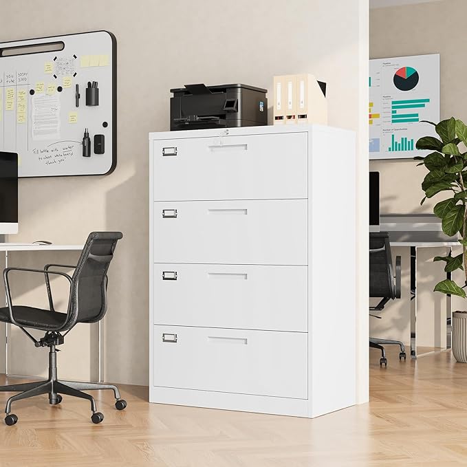 File Cabinet 4 Drawer, Lateral Filing Cabinet with Lock, Metal File Cabinets for Home Office, Office Cabinet for Hanging Files Letter/Legal/F4/A4, Assembly Required, White