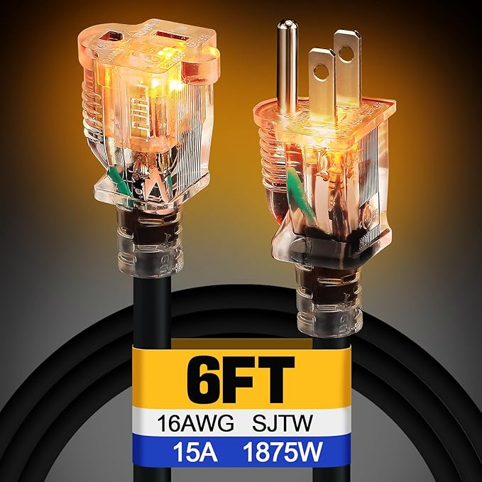 Lighted End Heavy Duty Outdoor Extension Cord Waterproof -16AWG, 3 Prong, 15A, 1875W, Flexible Black Power Extension Cord for Outsides, 6ft