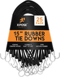 Rubber Bungee Cords with Hooks 25 Pack 15 Inch (23” Max Stretch) Heavy-Duty Black Tie Down Straps for Outdoor, Tarp Covers, Canvas Canopies, Motorcycle, and Cargo - by Xpose Safety