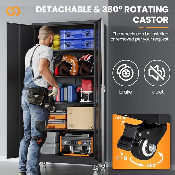 Metal Garage Storage Cabinets with Wheels, Rolling Tool Cabinet with Lock, Locking Garage Caninet on Wheels with Shelves, Steel 2 Door Tall Tool Cabnets for Workshop/Home/Office - (Black 75”H)