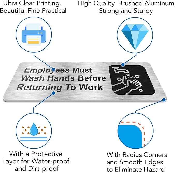 Faittoo Employees Must Wash Hands Before Returning to Work Sign, (8 Pack) Rust Free Brushed Aluminum Sign with Symbols, Self-adhesive, for Restaurant, Salons, Hotel, Rest Stops, Public Restrooms