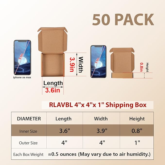 RLAVBL 4x4x1 Small Shipping Boxes Set of 50, Brown Corrugated Cardboard Box for Packing, Mailing, Business