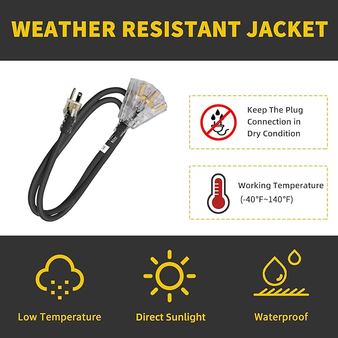 3-Outlets Indoor Outdoor Extension Cord Weatherproof with Lighted End, UL Listed, 10 Gauge 8FT Black 3 Prong Heavy Duty, 10/3 SJTW 15A Power Cord
