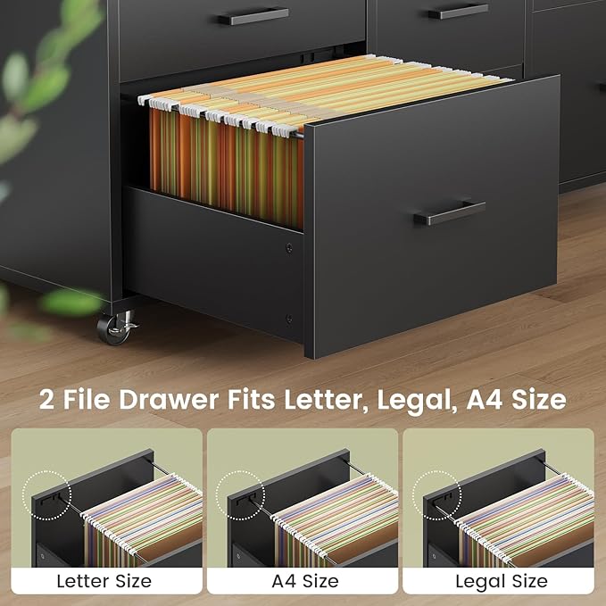 SEDETA 6 Drawer File Cabinet with Power Strip, 47" Wood Mobile Lateral Filing Cabinet fits Legal/Letter/A4 Size for Home Office, Printer Stand with Storage Shelf and Led Lights, Black