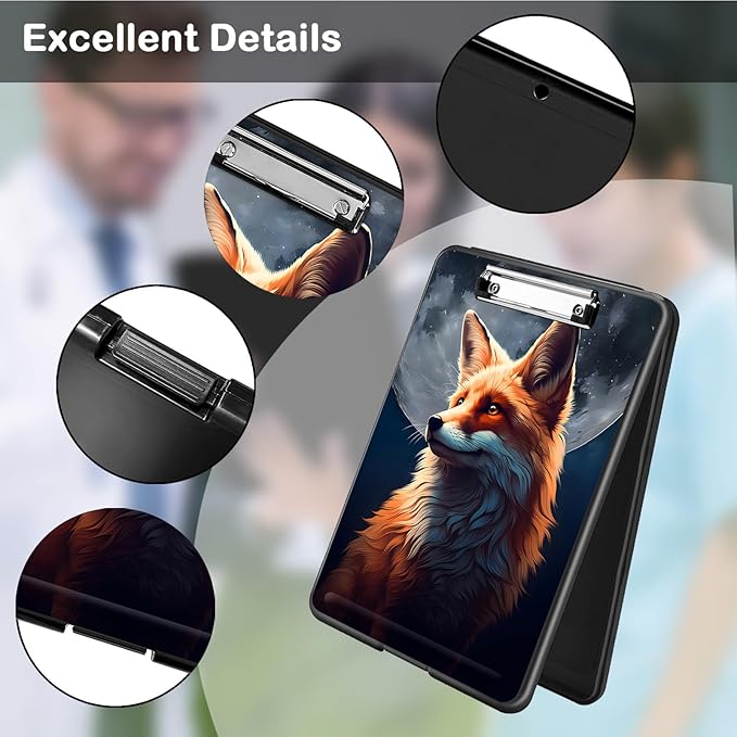 Clipboard with Storage,Office Supplies Nursing Clipboards Folder with Pen Holder Plastic Foldable Clip Board with Storage for Nurse Teacher,Fox and Moon