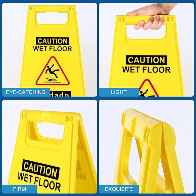 8-Pack Caution Wet Floor Sign,17.5" Height,Bright Yellow Double-Sided Folding A-Shaped Frame Design, Bilingual Caution Message