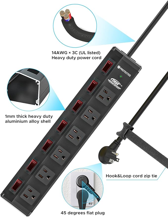 CRST 6 Outlet Metal Power Strip with Individual Switches, Mountable Surge Protector Power Strip for Garage Workshop School Home. 15A Circuit Breaker, 1875W, 1200 Joules, 6FT Extension Cord