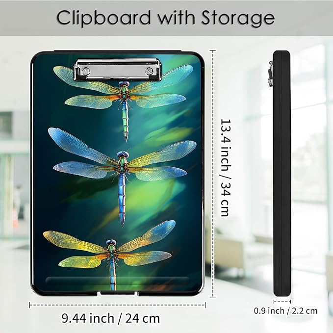 Clipboard with Storage,Office Supplies Nursing Clipboards Folder with Pen Holder Plastic Foldable Clip Board with Storage for Nurse Teacher,Green Dragonflies