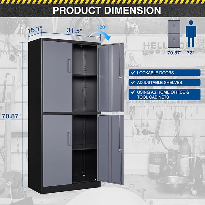 71” Metal Storage Cabinet-Lockable File Garage Tool Cabinets with Doors and Shelves- Gray&Black Steel Cabinet for Garage-Heavy Duty File Storage for Home, Office, Gym, Kitchen, School