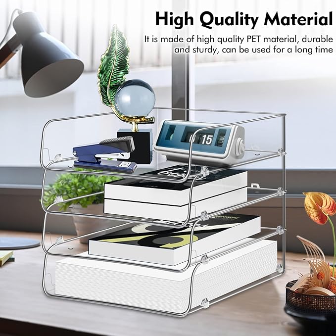 Stackable Paper Trays, 4 Tier Desk File Organizer, Document Letter Tray for Office Supplies, Magazine