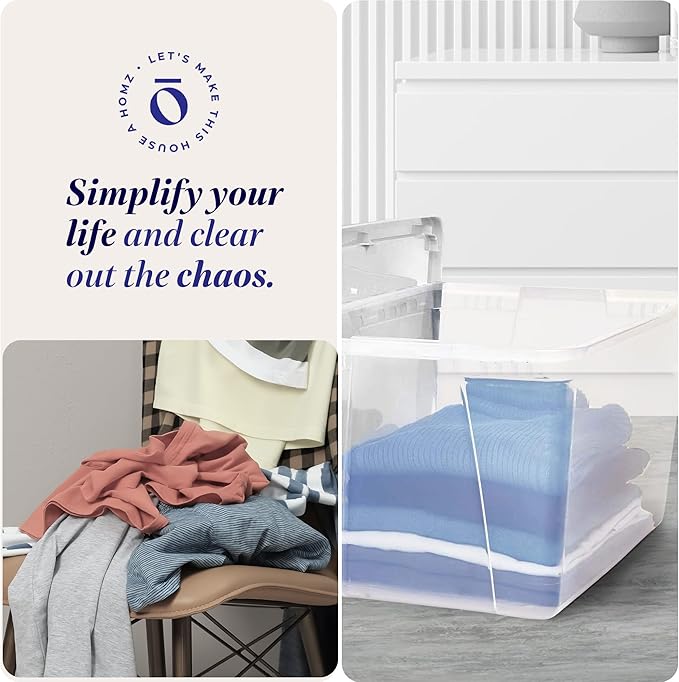 HOMZ 4-Pack Snaplock, Large Clear Plastic Storage Organizer Bins w/Lids, 56 Quart, White - Stackable Container Boxes for Bedroom, Bathroom, Garage, and Office Organization