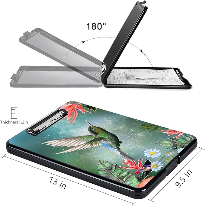 Clipboard with Storage, High Capacity Plastic Storage Clipboard with Low Profile Clip for Women Teachers Work, School & Office Supplies, Cute Pattern Decorative Clipboards, Hummingbird