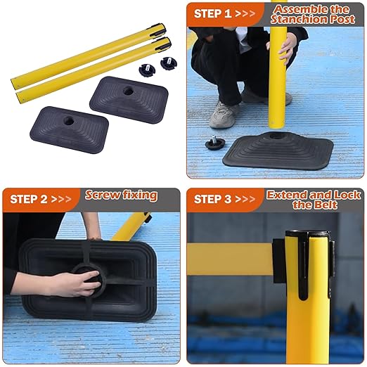 4 Pack Yellow Crowd Control Stanchion Set with 10FT Retractable Belt, Space-Saving Heavy Rectangular Base, Traffic Barrier Posts for Safety & Queue Management
