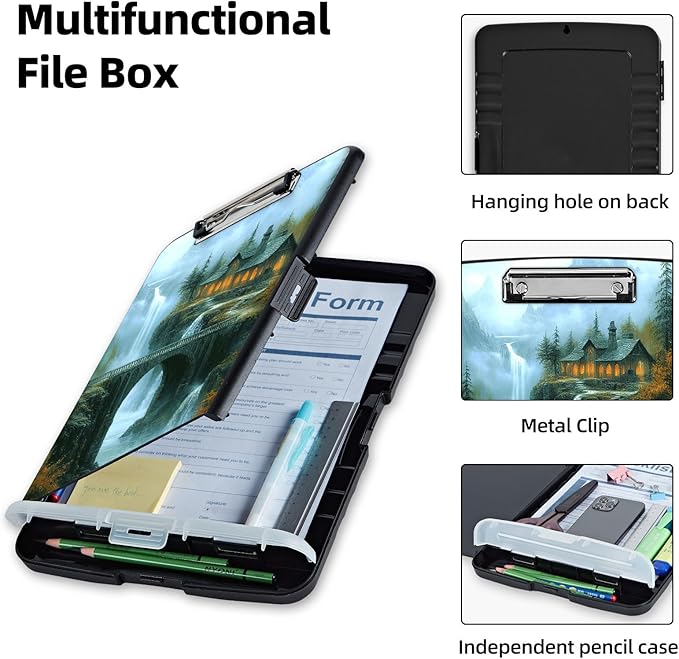 Clipboard with Storage Box & Pen Holder,Heavy Duty Clip Boards 8.5x11 for Nursing,High Capacity,School & Office Supplies,Mountain Cottage Bridge