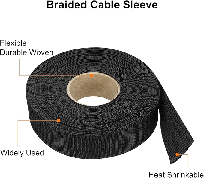 MECCANIXITY Braided Cable Sleeves Heat Shrinkable Fabric Sleeving, 1" 60ft Black 2:1 Ratio Heat Shrinkable Cord Protector for Harness Cable, Network Cable Protection, Cable Management