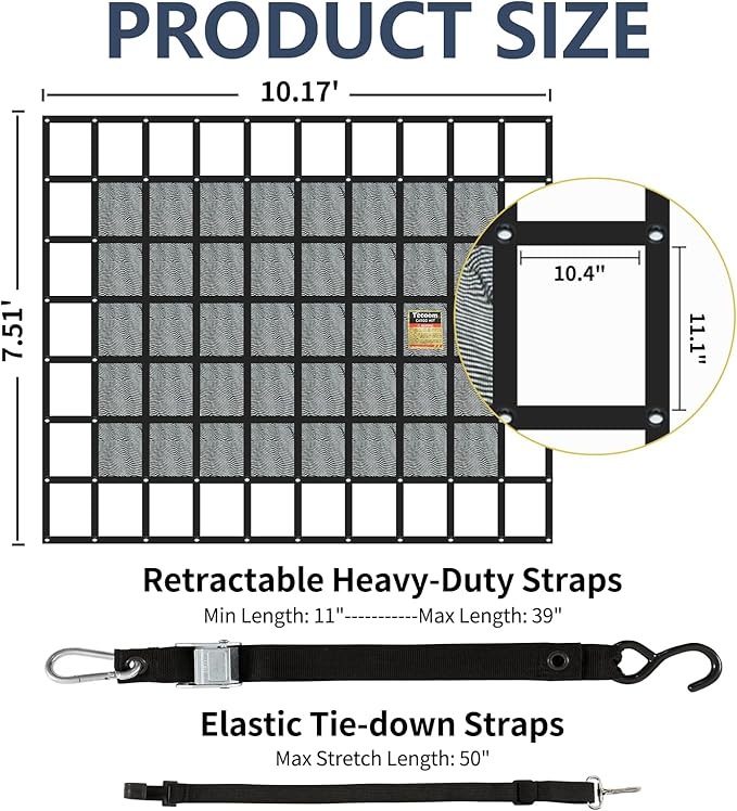 Tecoom 10.17'x7.51' Cargo Net for Pickup Truck Bed, Heavy Duty Truck Cargo Net Weight Capacity 1,500 LBS, Automotive Bed Organizer Netting for Camping Trip Luggage