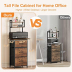 Snughome 3 Drawer Tall File Cabinet with 19.7'' Extended Desktop, 3-Tier Filing Cabinet for Home Office 51.6''H Vertical File Cabinet Printer Stand for Home Office,Fits A4/Letter/Legal,Rustic Brown