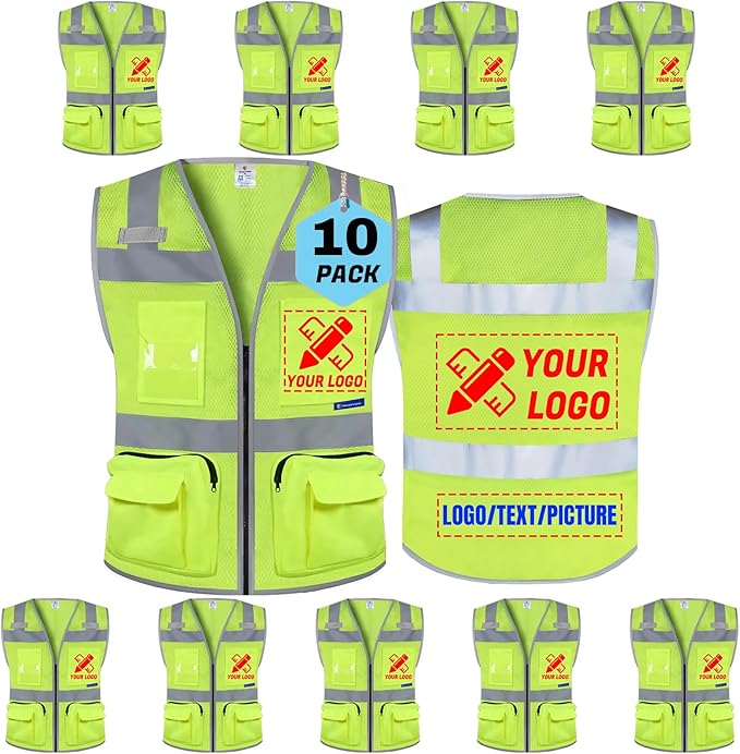 BeautyWill Custom Logo 10 Pack Safety Vest Mesh High Visibility Reflective Vest Customized Logo Utility Zipped Pockets Construction Workwear （Yellow,XXL）