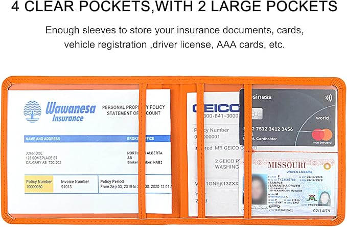 Car Registration and Insurance Holder, Leather Registration and Insurance Card Holder, Vehicle Glove Box Organizer - For Documents, Cards, License (Orange)