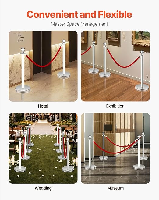 VEVOR Stanchions and Velvet Ropes 6Pcs, Hollow Base with Stainless Steel Post, 3 Red Velvet Ropes and Posts, Crowd Control Barriers Silver Stanchions, Red Carpet Runner Poles for Party Supplies
