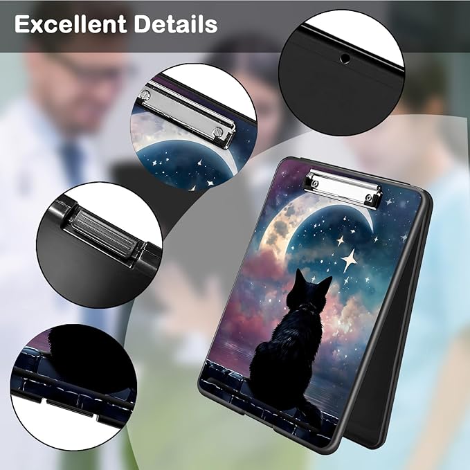 Clipboard with Storage,Office Supplies Nursing Clipboards Folder with Pen Holder Plastic Foldable Clip Board with Storage for Nurse Teacher,Moon Cat