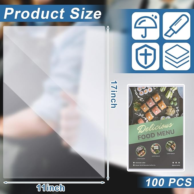 Henoyso 100 Pcs 11" x 17" Rigid Print Protectors, Heavy Duty Hard Plastic Sheet Page Protectors Crystal Menu Holder Clear Poster Sleeve Top Loading Frame for Magazine Photo Paper Poster Prints