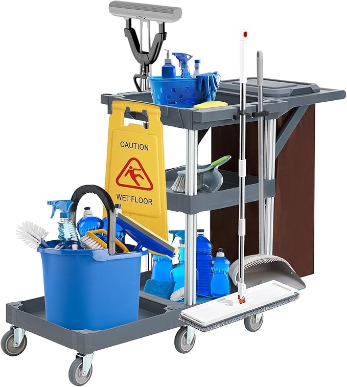 Commercial Cleaning Cart with Wheels, 3-Tier Janitorial Cart with Trash Bag and Cover, 300 lbs Capacity Heavy-Duty Rolling Caddy for Hotel Housekeeping, Hospital, School
