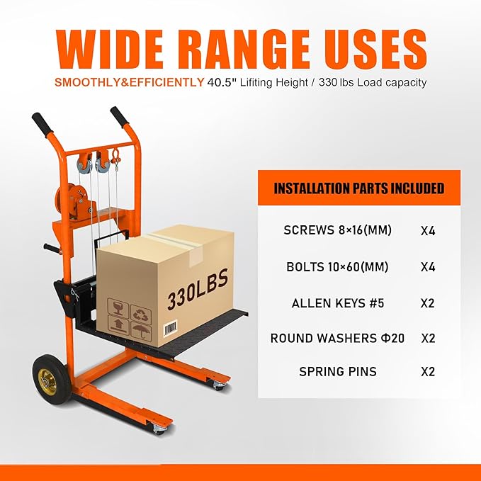 Material Lift Winch Stacker, 330 lbs Capacity Table Cart, 40.5" Lifting Height Manual Forklift Stacker, Pallet Jack Truck Dolly with Swivel Casters and Lift Plate (Orange)