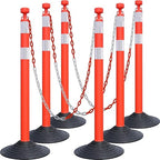 6-Set Pack 40" inch Red White Work Zone Chain Post Set, Traffic Delineator Post Cones, 6 x 6.6' Feet Plastic Chains, Portable Crowd Control Stanchion Set (Red-Rubber Base)