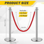 Wesiti 6 Pcs Silver Stainless Steel Stanchion Post with 5 ft Red Braided Rope Crowd Control Stanchions Red Carpet Ropes and Poles Crowd Control Barriers for Party Concert Theater Hotels