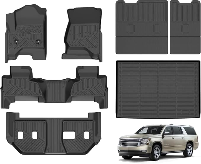 Hutisya-Floor Mats & Cargo Liner with Backrest Set Fit for Chevy Suburban/GMC Yukon XL 2015-2020 All Weather Protection Anti-Slip & Durable TPE Full Set Liners Automotive Accessories-Black