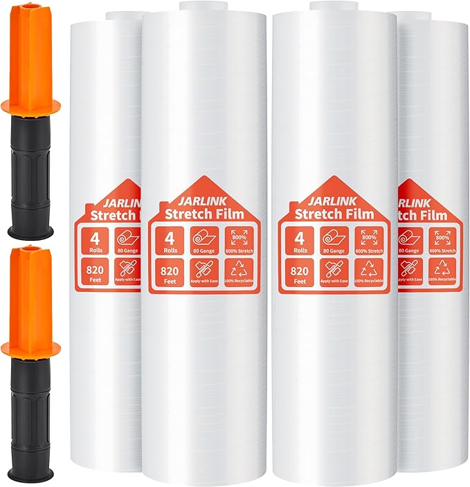 JARLINK Stretch Film, 80 Gauge,15 Inch x 820 Feet Shrink Wrap for Pallet Wrap, Industrial Strength Stretch Wrap up to 800% Stretch with Handles, Moving Wrapping Plastic Roll, 4 Pack