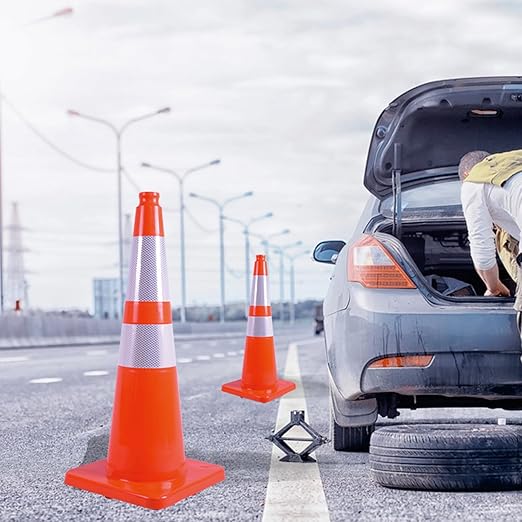 8 Pack Traffic Safety Cones 28 Inches with Reflective Collars, Orange Construction Cone, Restorable Parking Cones, Heavy Duty Road Cones for Parking Lot, Traffic Control, Driveway Road Parking