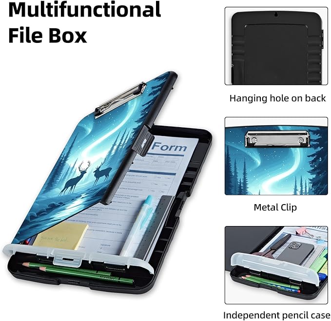 Clipboard with Storage Box & Pen Holder,Heavy Duty Clip Boards 8.5x11 for Nursing,High Capacity,School & Office Supplies,Northern Lights Deer Forest