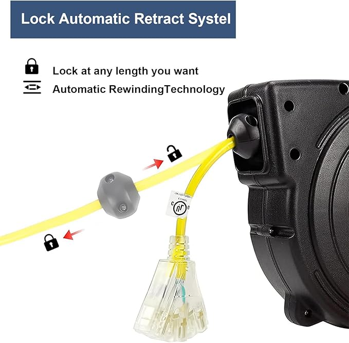 Retractable Extension Cord Reel, 65 Feet 12 AWG/3C SJTOW Heavy Duty Power Cord,15 AMP Circuit Breaker, 3-Lighted Triple Outlets, Ceiling or Wall Mount,Yellow