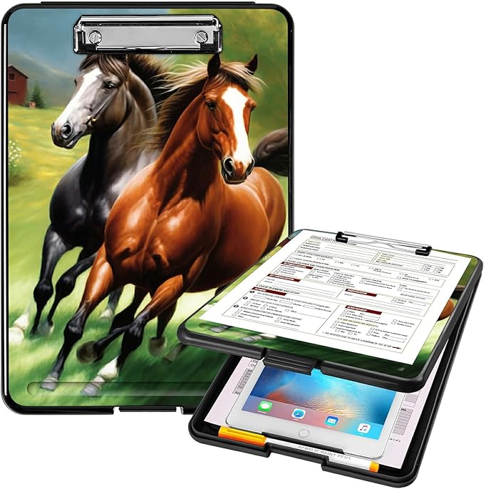 A4 Clipboards,Heavy Duty Waterproof Nursing Plastic Folder Clipboard with Storage Clip Boards,File Folder Storage Box Clipboard Case for Teacher,Doctor,Offices,Running Horse