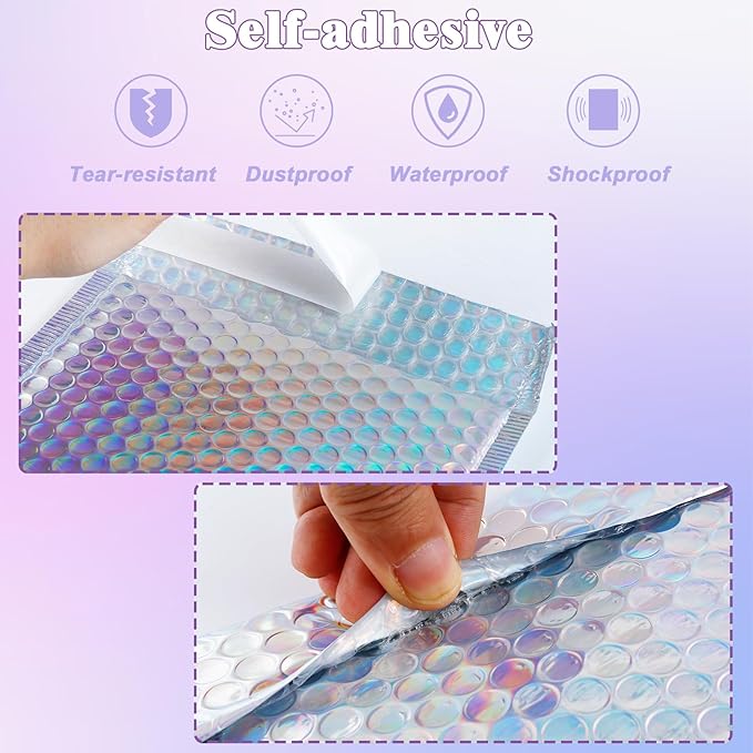 50 Pcs Metallic Bubble Mailers, 3 Sizes Holographic Bubble Mailers, Poly Padded Envelopes, Waterproof Self Seal Adhesive Shipping Bags, Cushion Envelopes for Packing, Mailing, Small Business