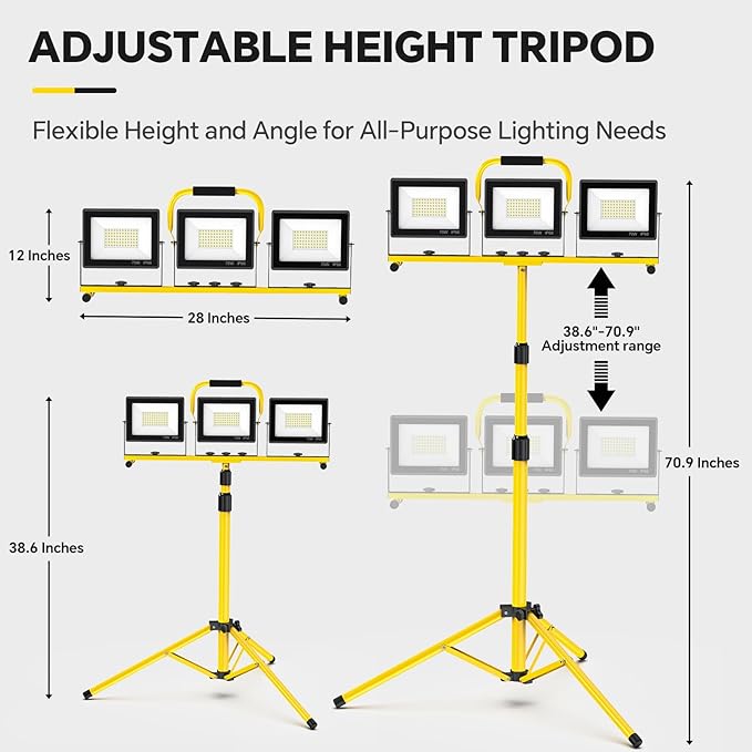 LED Work Lights with Stand: 3 Head Adjustable Work Light with Individual Switch, IP66 Waterproof Foldable Outdoor Tripod Light for Job Site Construction Lighting, Tool Gifts for Men