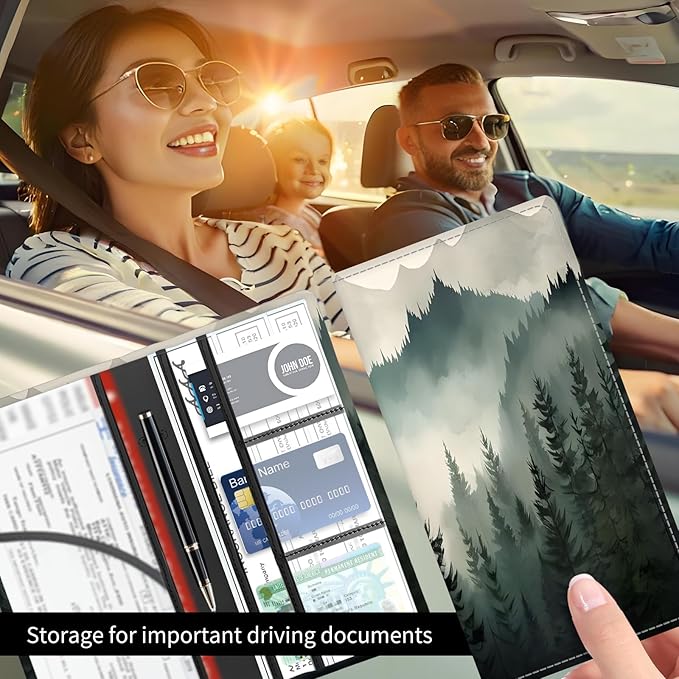 Premium Car Registration and Insurance Card Holder, Cute PU Leather Car Document Holder, Vehicle Glove Box Car Organizer with Magnetic Closure for Driver License, Cards Forest Green Mountains