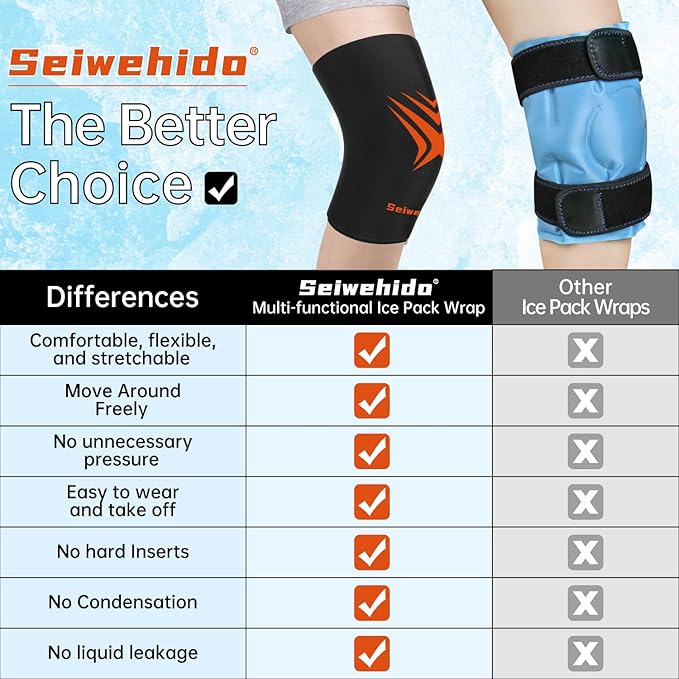 Extended Leg Knee Ice Pack Wrap for Injuries Compression, Reusable Soft Gel Freeze Knees Brace for Swelling Replacement Surgery, Cold Therapy for Arthritis, Meniscus Tear (Knee-Black-2 Pack)
