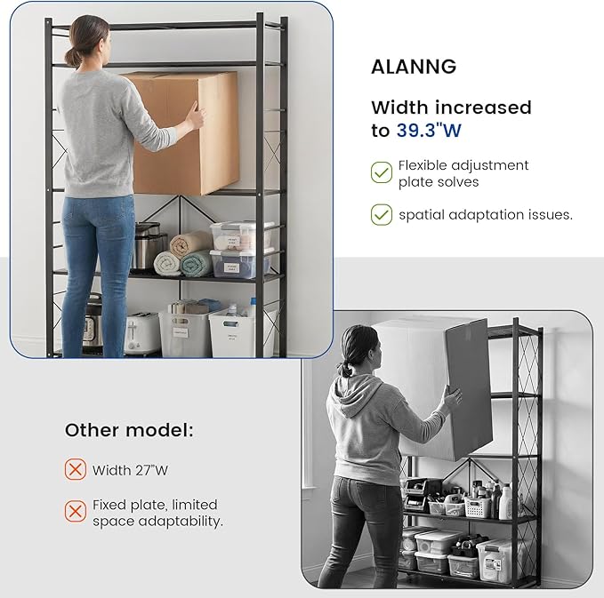 ALANNG 40" W Foldable 5-Tier Storage Shelves with Wheels, Adjustable & Removable Metal Rack, Heavy Duty Rolling Organizer for Kitchen, Garage, Closet, Pantry, and Office (Black,4 Pack)