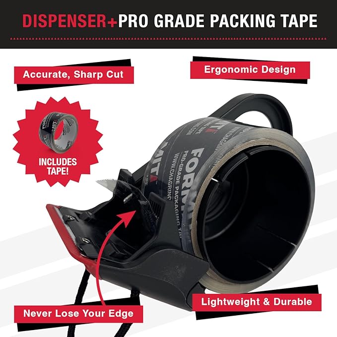 Clear Packing Tape with Dispenser (1 Roll) - Professional Grade for Boxes - Packaging, Shipping with Refillable Dispenser, Fits Standard Bulk Tapes Up to 2" Wide