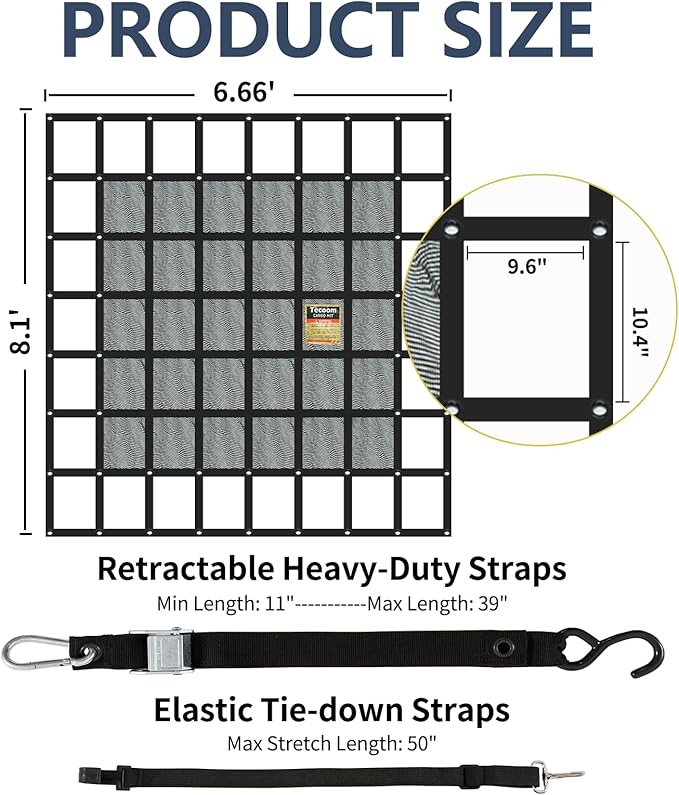 Tecoom Cargo Net for Pickup Truck Bed, 8.1x6.66 ft Heavy Duty Cargo Net, Organizer Netting, Cargo Carrier for Toyota, Ford, Chevy Silverado, GMC, RAM