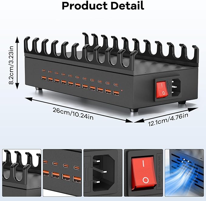USB~C Charger Block, 300W 22 Port (11 USΒ A & 11 USΒ~C) USB Charging Station for Multiple Devices, Desktop Wall Fast Charger with Storage Dividers, USΒ Power Strip Suitable for Home Office School