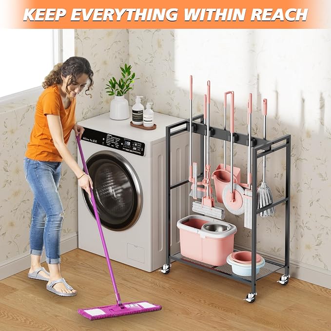 Broom and Mop Holder, Broom Storage Hanger, Cleaning Cart with Broom and Mop Hanger, Cleaning Cart with Wheels, Janitorial Cart for Household, Laundry Room Organization