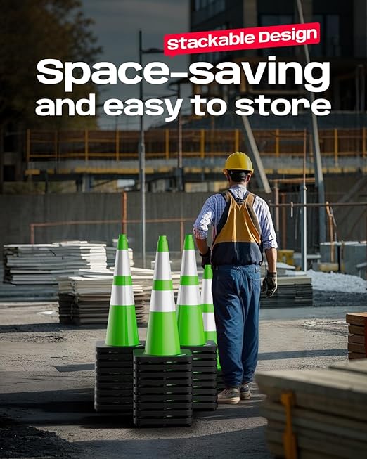 BATTIFE 28 Inch Traffic Cones with Black Weighted Base, PVC Green Safety Cones for Traffic Control, Construction Events, Driveways, and Parking Lots (6 Pack)