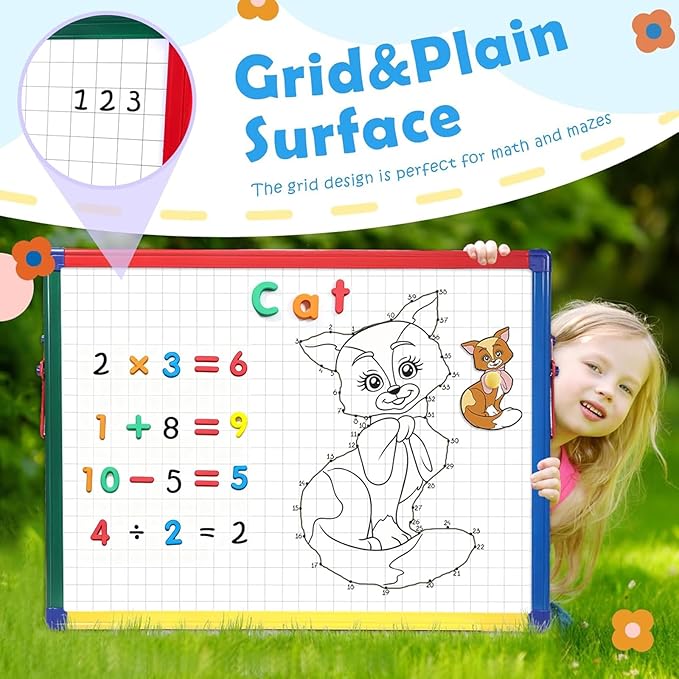 SWANCROWN Magnetic Board for Kids - Tabletop White Board for Children- 24x18 Inch Double Sided Foldable Dry Erase Board Standing with 82Pcs Alphabet Magnets Whiteboard Letters