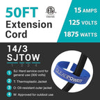 Clear Power 50ft Oil Resistant Heavy Duty Extension Cord 14/3 SJTOW, 3 Prong Grounded Plug, 15-Amp Power Cord for Farms and Ranches, Black, DCOC-0083-DC