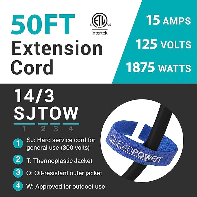 Clear Power 50ft Oil Resistant Heavy Duty Extension Cord 14/3 SJTOW, 3 Prong Grounded Plug, 15-Amp Power Cord for Farms and Ranches, Black, DCOC-0083-DC